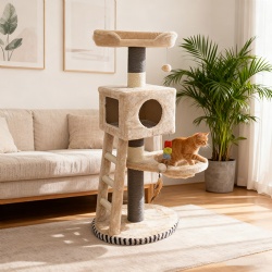 Neutral-Tone Compact Cat Tree with Condo, Ladder & Play Toys