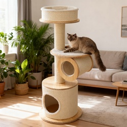 Natural Wood & Sisal Cat Tree with Curved Perches & Condos