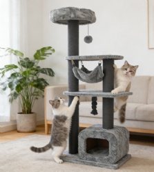 Gray Multi-Level Cat Tree Tower with Hammock & Scratching Posts