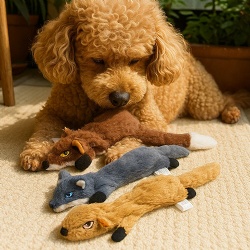 Unstuffed Plush Dog Toys Squeaky Fox Wolf Squirrel Shape Durable Interactive Pet Chew Toy for Teeth Cleaning
