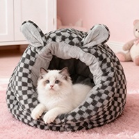 Cat Cave Bed Custom Logo Trendy Checkerboard Rabbit Ear Cat Bed Soft Velvet Enwrapped Warm Pet Nest Bed