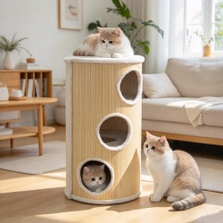 Cylindrical Wooden Multi-Hole Cat Condo Tower