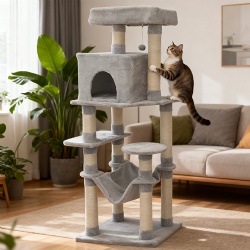 Spacious Multi-Level Gray Cat Condo Tree with Hammock