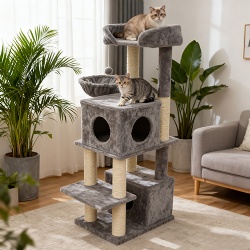 Dual-Condo Gray Cat Tree with Hammock & Multi Perches